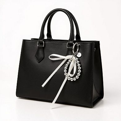 Silver Bead Charm Keychain with Velvet Ribbon Bow