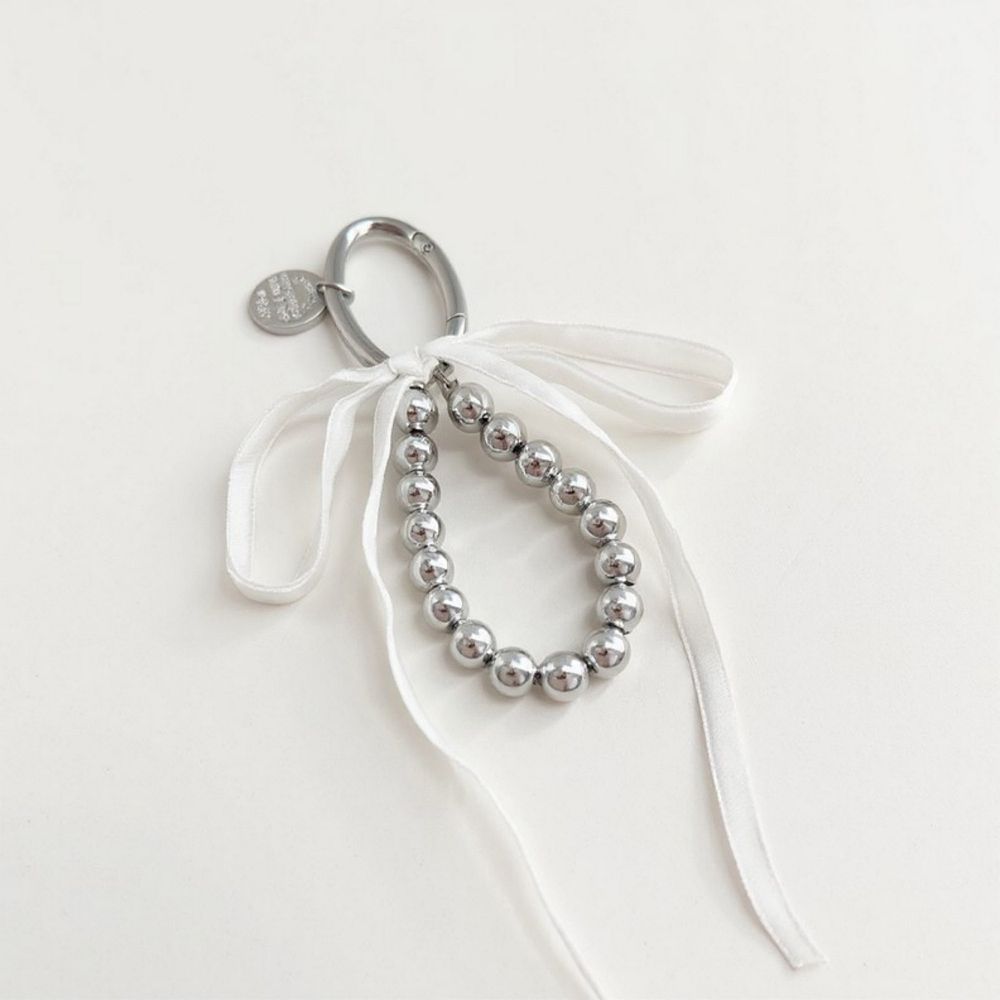 Silver Bead Charm Keychain with Velvet Ribbon Bow
