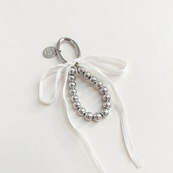 Silver Bead Charm Keychain with Velvet Ribbon Bow
