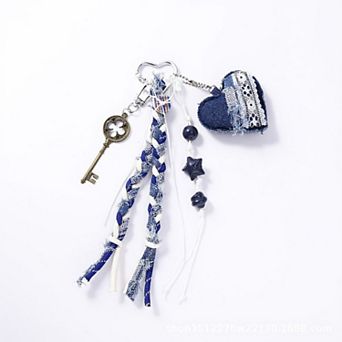 Denim Heart Charm Keychain with Braided Straps and Vintage Key Accent