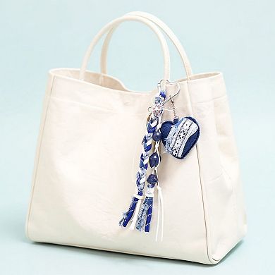 Denim Heart Charm Keychain with Braided Straps and Vintage Key Accent