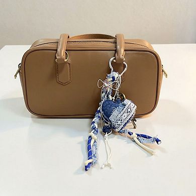 Denim Heart Charm Keychain with Braided Straps and Vintage Key Accent