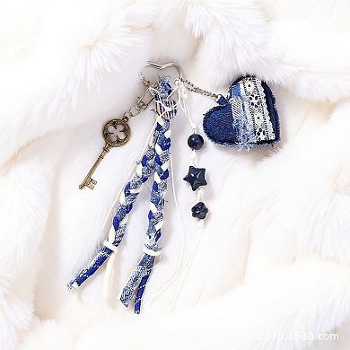 Denim Heart Charm Keychain with Braided Straps and Vintage Key Accent