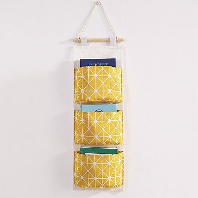 3-Piece Hanging Wall Organizer with Three Fabric Pockets and Wooden Rod Design