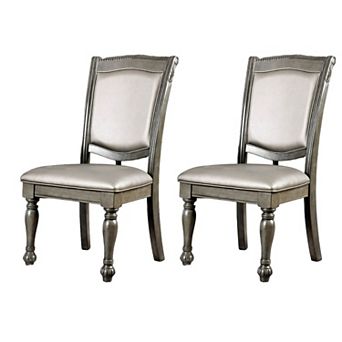 Faux Leather Upholstered Solid Wood Side Chair, Pack of Two, Silver and Gray