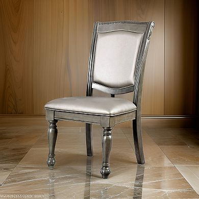 Faux Leather Upholstered Solid Wood Side Chair, Pack of Two, Silver and Gray