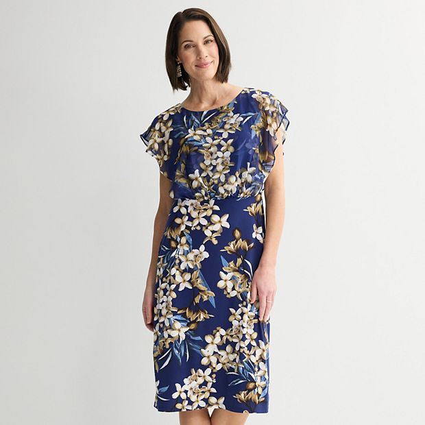 Women's Studio Connection Chiffon Overlay Printed Cap Sleeve Dress, Size: Large, Cadet Floral