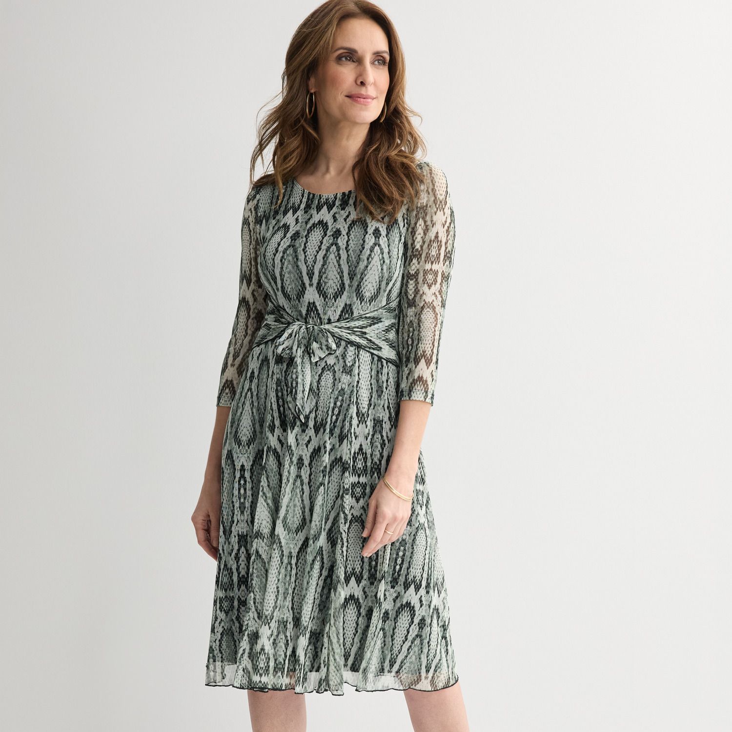 Женские платья Studio Connection Printed Mesh Long Sleeve Tie Front Belted Dress