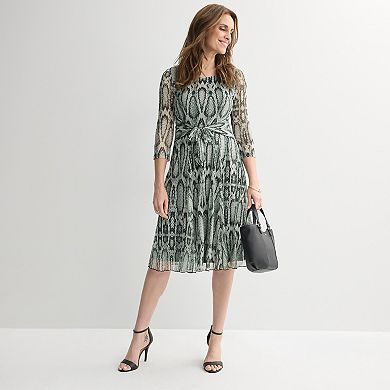 Women's Studio Connection Printed Mesh Long Sleeve Tie Front Belted Dress