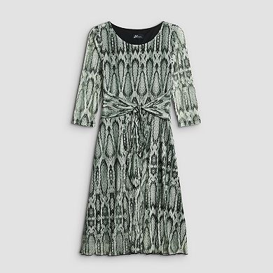 Women's Studio Connection Printed Mesh Long Sleeve Tie Front Belted Dress