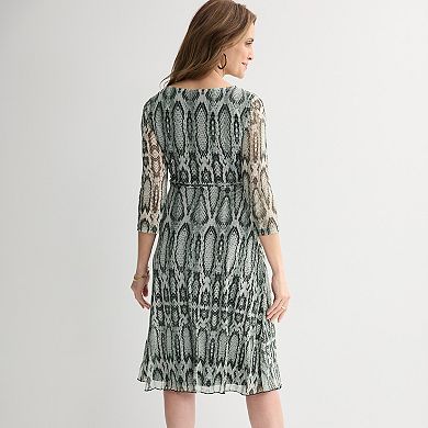 Women's Studio Connection Printed Mesh Long Sleeve Tie Front Belted Dress