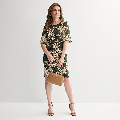 Women's Studio Connection Printed Side Drape Skirt Dress with Printed Chiffon Short Sleeves