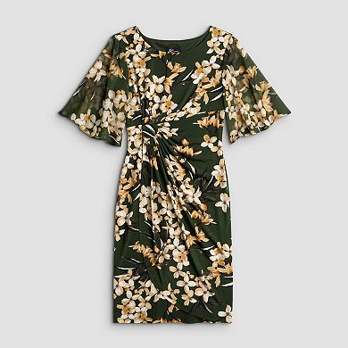 Women's Studio Connection Printed Side Drape Skirt Dress with Printed Chiffon Short Sleeves