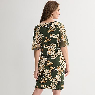 Women's Studio Connection Printed Side Drape Skirt Dress with Printed Chiffon Short Sleeves
