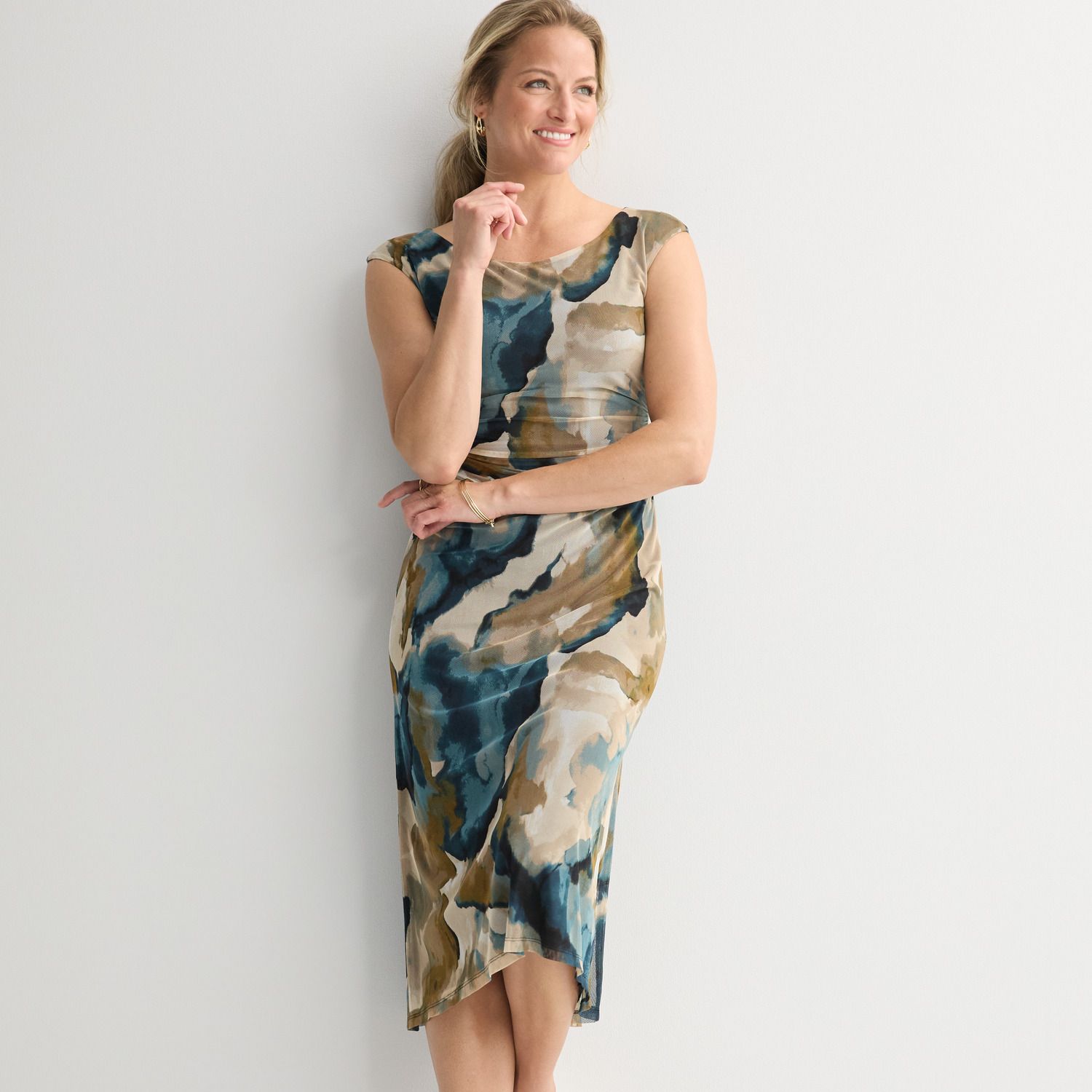 Женские платья Studio Connection Printed Mesh Cap Sleeve Side Shirred Dress