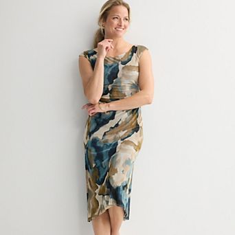 Women's Studio Connection Printed Mesh Cap Sleeve Side Shirred Dress
