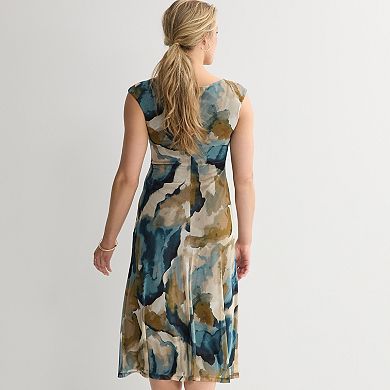 Women's Studio Connection Printed Mesh Cap Sleeve Side Shirred Dress