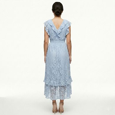 Women's Maison Tara Smocked Waist High-Low Lace Midi Dress