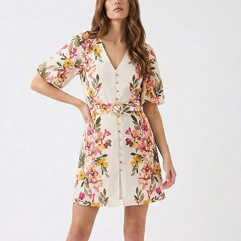 Женские платья Taylor Women's Taylor Floral Puff Sleeve Belted Shirt Dress