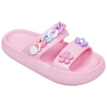 Elli by Capelli Kids Double Band Slide Sandals with Flower Patches