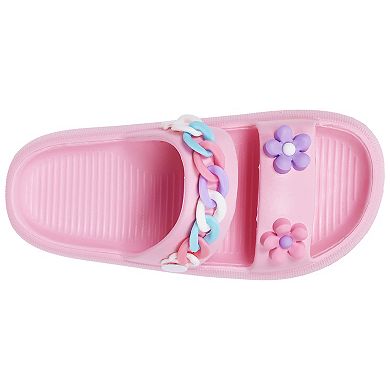Elli by Capelli Kids Double Band Slide Sandals with Flower Patches
