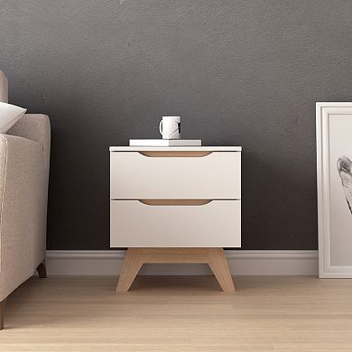 18.89 in. White and Natural Oak Rectangle Wood End Table with 2 Drawers