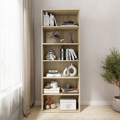 63.23 in. Tall Wood 6-Shelf Etagere Bookcase with Adjustable Shelves