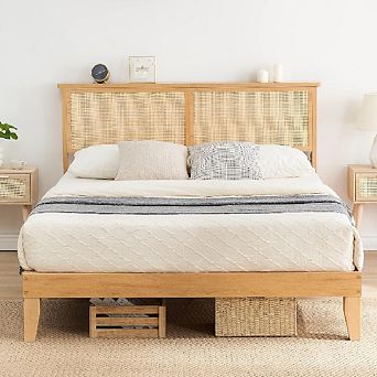 Rattan Bed Frame with LED Headboard, Natural Boho Platform Bed, No Box Spring Needed