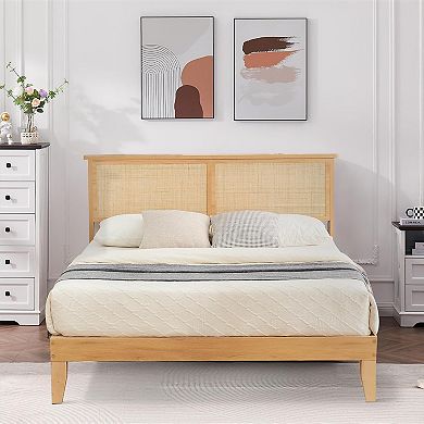 Rattan Bed Frame with LED Headboard, Natural Boho Platform Bed, No Box Spring Needed