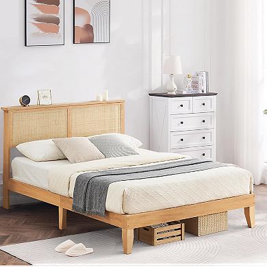 Rattan Bed Frame with LED Headboard, Natural Boho Platform Bed, No Box Spring Needed