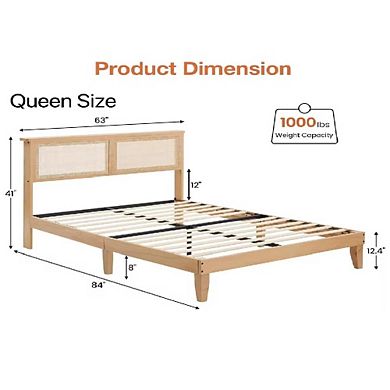 Rattan Bed Frame with LED Headboard, Natural Boho Platform Bed, No Box Spring Needed