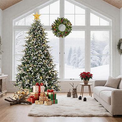 Pre-Lit Snow Flocked Norway Spruce Christmas Tree with Warm White Lights, Includes Gloves & Stand