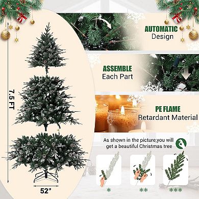 Pre-Lit Snow Flocked Norway Spruce Christmas Tree with Warm White Lights, Includes Gloves & Stand