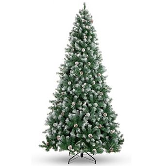 Pre-Lit Flocked Christmas Tree with Pine Cones, Full Natural Look Hinged Tree for Home & Office