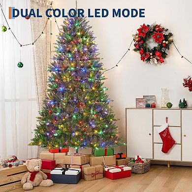 Pre-Lit Artificial Christmas Tree with Dual-Color LED Lights & Foot Pedal, Includes Stand