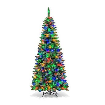 Christmas Tree, Pre-Lit Flocked Pencil Tree - LED Lights, Slim Design