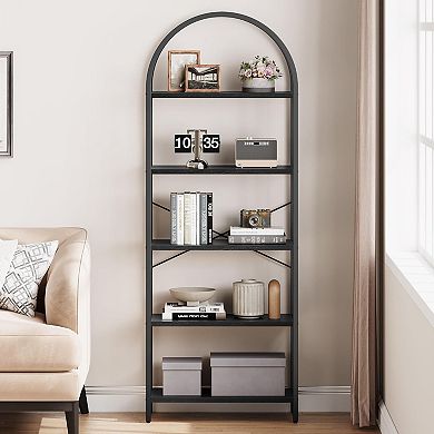 5-Tier Bookshelf, Tall Metal Frame Display Shelf, Modern Wood Storage for Living Room & Office