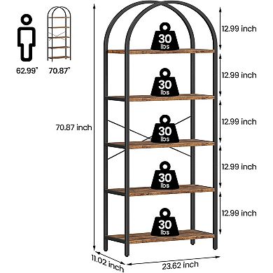 5-Tier Bookshelf, Tall Metal Frame Display Shelf, Modern Wood Storage for Living Room & Office