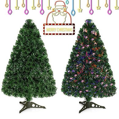 Gymax Pre-Lit 3' Artificial Christmas Tree Fiber Optic PVC Tips Plastic Stand