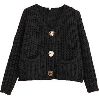 Womens Chunky Knit Cardigan Sweaters Cropped Sweaters Long Sleeve Open Front Button Down Jacket