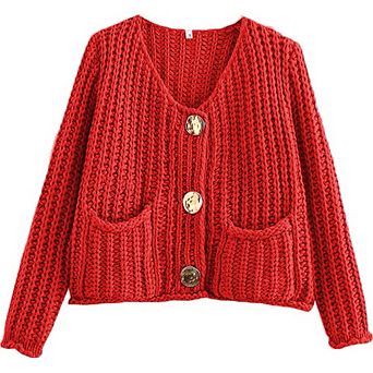 Womens Chunky Knit Cardigan Sweaters Cropped Sweaters Long Sleeve Open Front Button Down Jacket