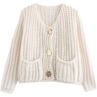 Womens Chunky Knit Cardigan Sweaters Cropped Sweaters Long Sleeve Open Front Button Down Jacket
