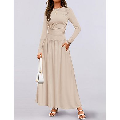 Women's Long Sleeve Fall Maxi Dress Crewneck Casual Empire Waist Pleated Long Dresses with Pockets
