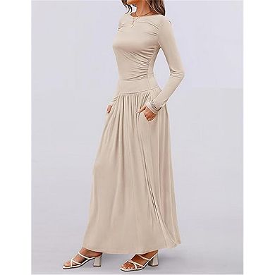 Women's Long Sleeve Fall Maxi Dress Crewneck Casual Empire Waist Pleated Long Dresses with Pockets