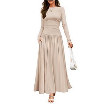 Women's Long Sleeve Fall Maxi Dress Crewneck Casual Empire Waist Pleated Long Dresses with Pockets