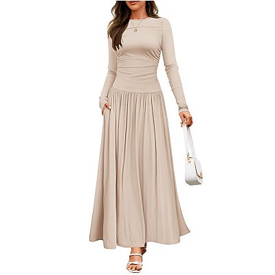 Women's Long Sleeve Fall Maxi Dress Crewneck Casual Empire