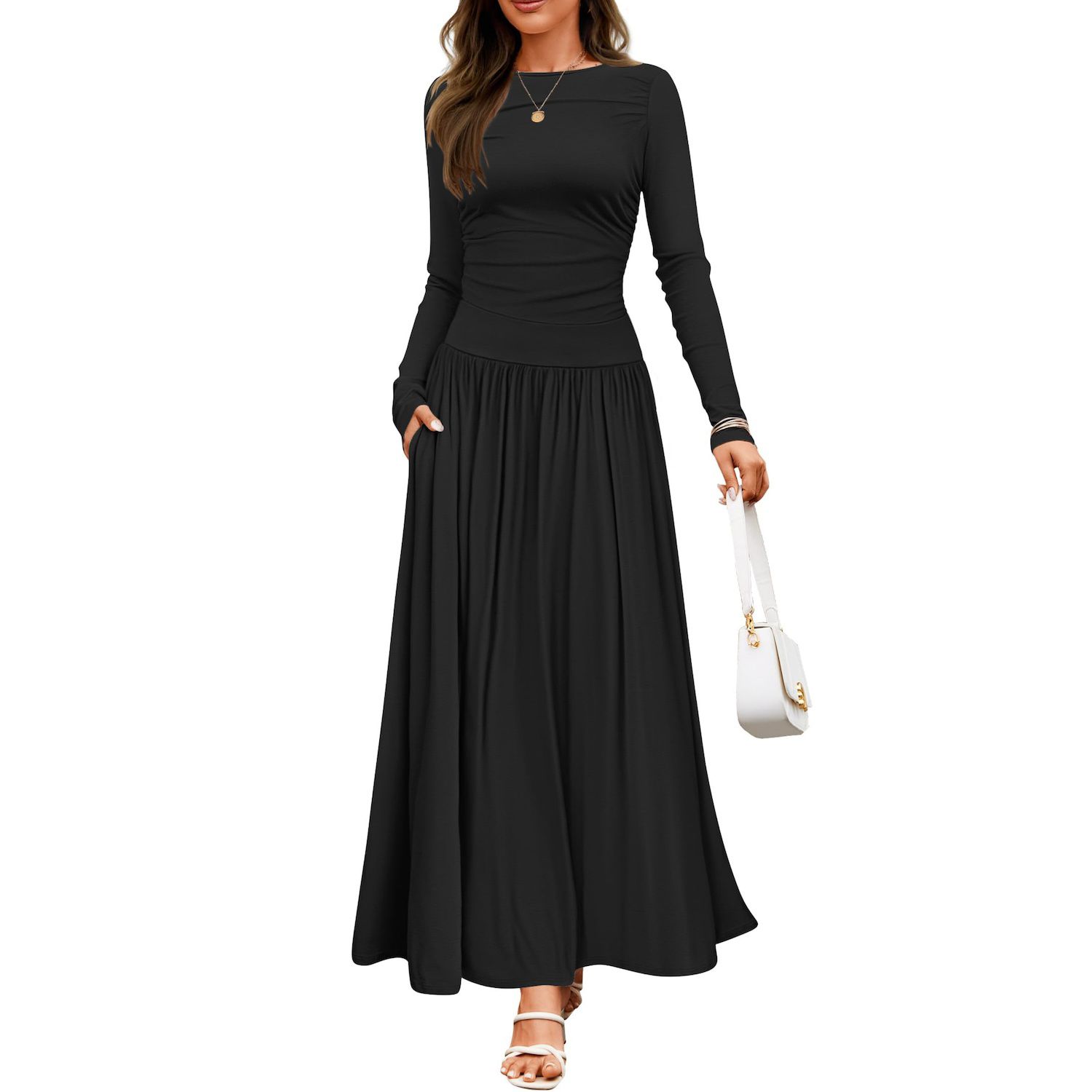 Женские платья Long Sleeve Fall Maxi Dress Crewneck Casual Empire Waist Pleated Long Dresses with Pockets