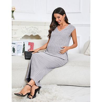 Womens Maternity 2 Piece Sweater Ribbed Knit Split Tank Tops Midi Skirt Knit Dresses Pregnancy Set