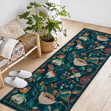 Washable Boho Bird Floral Jungle Vintage Area Rugs for Living Room Nursery Office Farmhouse Hallway