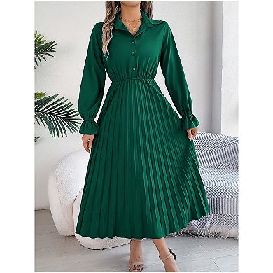 Women Pleated Dress Long Sleeve Button Down With Belt A-Line Flowing Dress